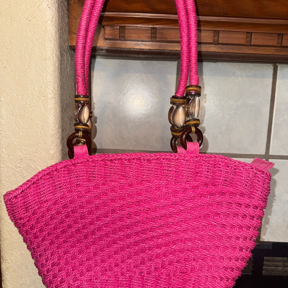 Cappelli Straworld Fuchsia Woven Tote With Seashells
